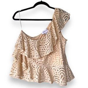 Highline Collective Cream Lace One shoulder Elegant Peplum Ruffle Blouse
